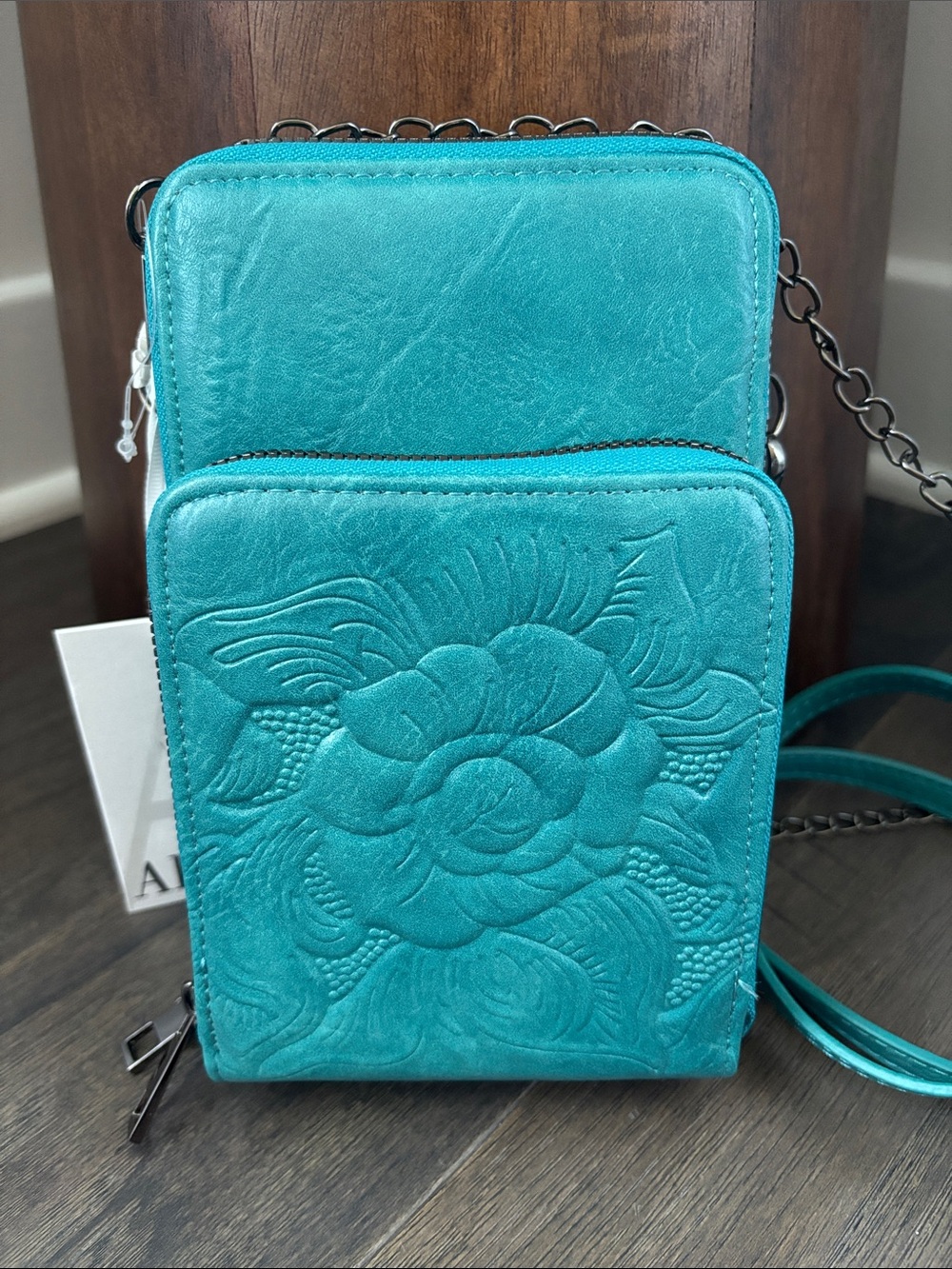 Alyssa Crossbody PU Leather,embossed floral,3 zip compart,phone,removable strap